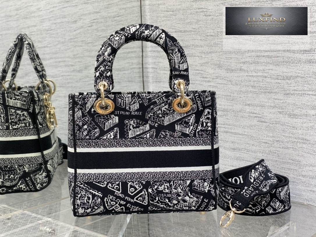 디올 블랙 화이트 Plan de Paris 레이디 D-LITE 미디엄 백 24*20*11CM