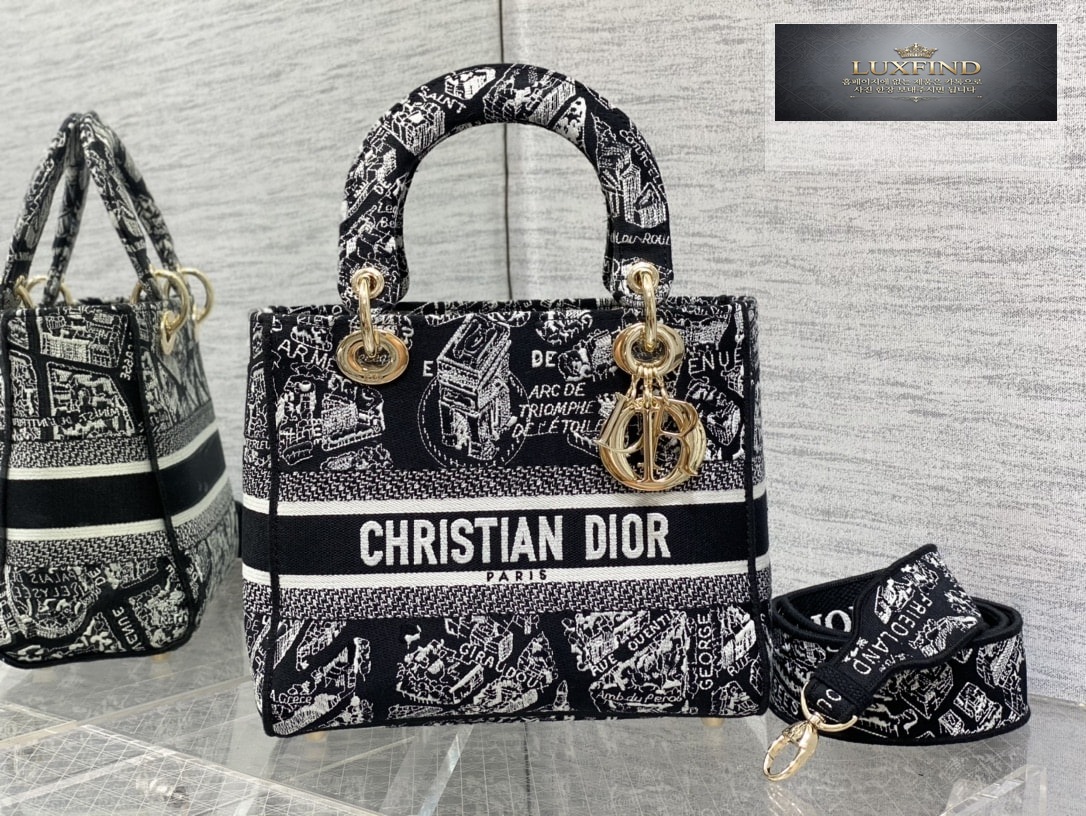 디올 블랙 화이트 Plan de Paris 레이디 D-LITE 미디엄 백 24*20*11CM